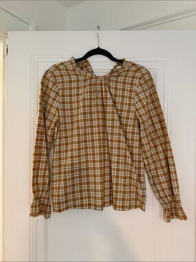 Doen Plaid Ruffle Neck Long-Sleeve Top in Mustard